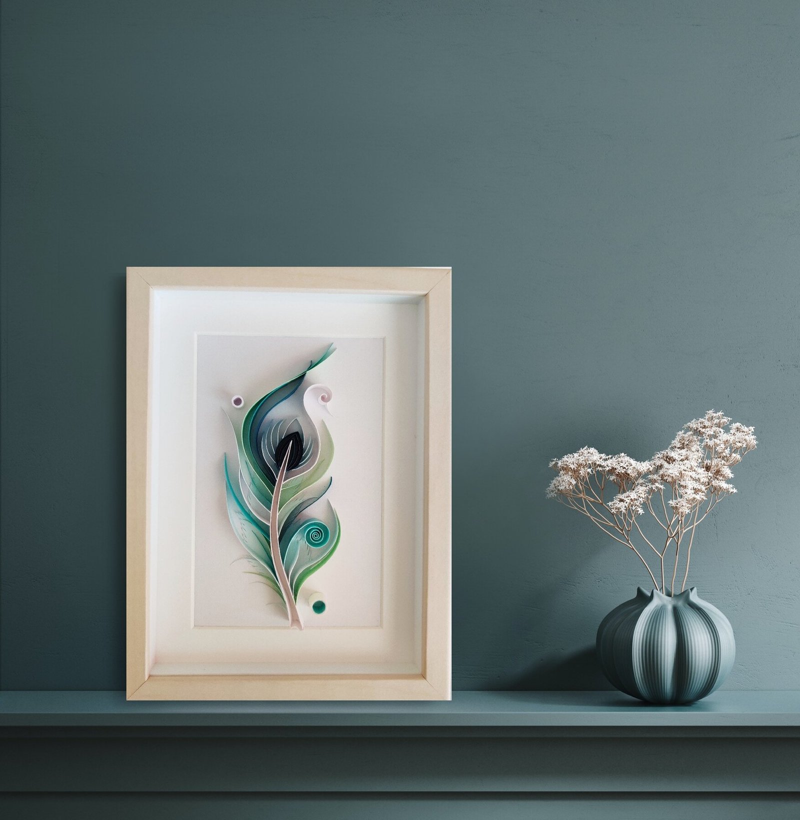 Peacock Feather — Handmade Paper Quilling Framed Art